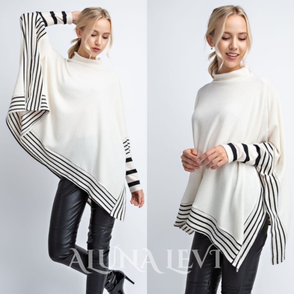 Bellanblue Tops - ivory mock neck striped long sleeve poncho top